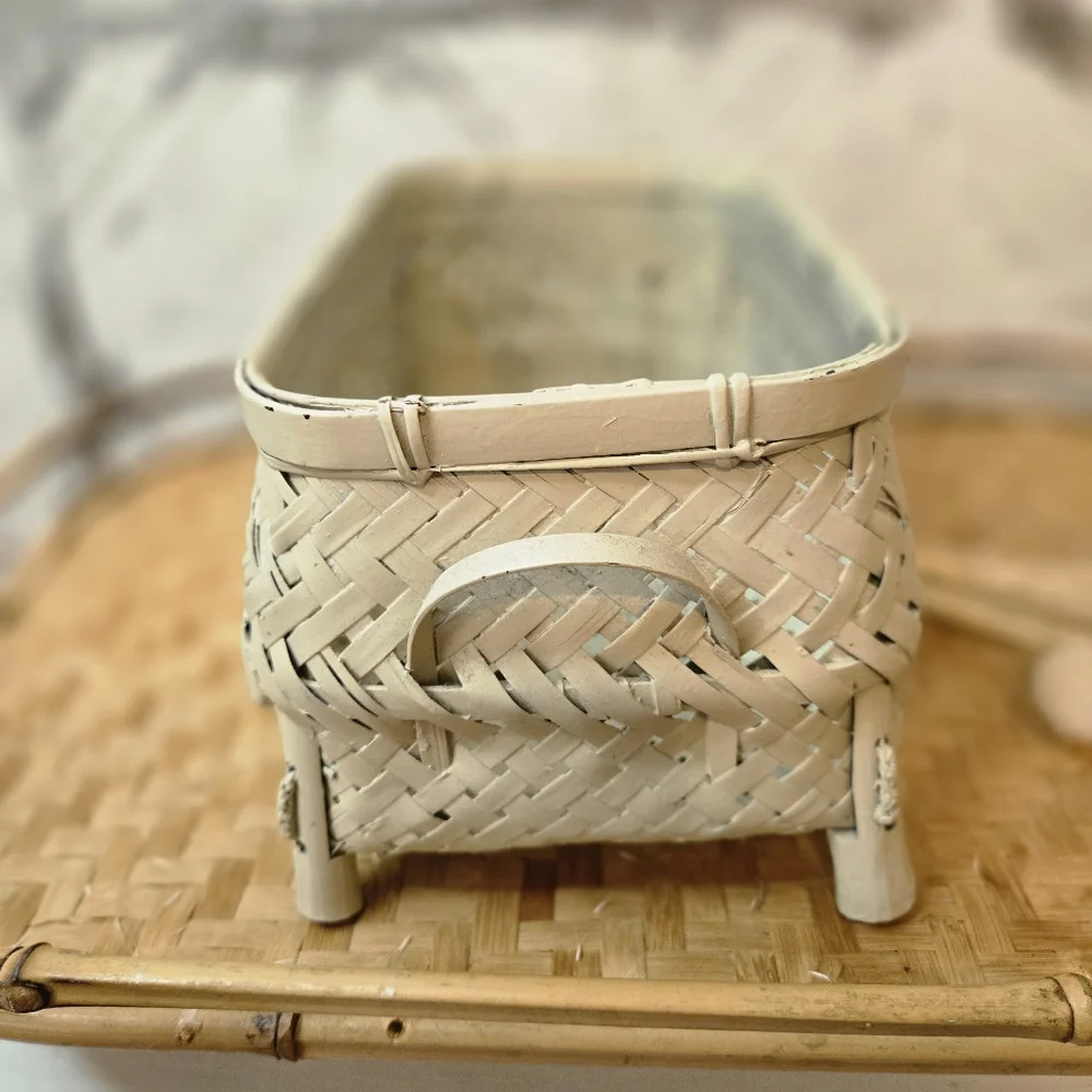 Vintage 1980's Bamboo Oval Rectangular Storing Decor Basket Cottage Coastal